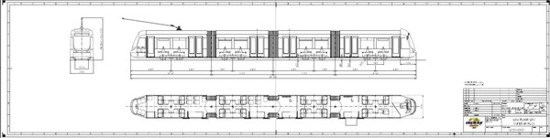 100% Low Floor Superior Plus showing front and side vehicle elevations and interior plan view..